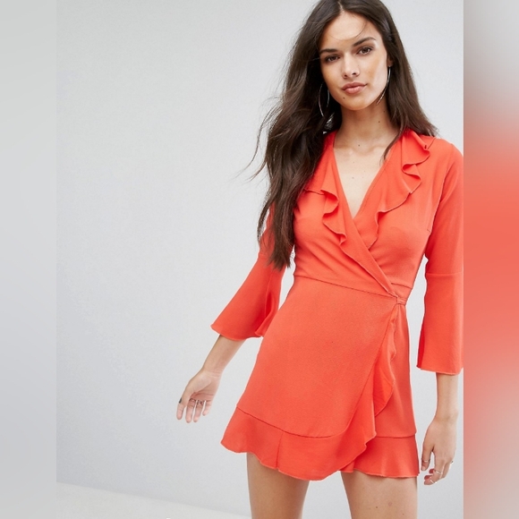 Outrageous Fortune by ASOS Dresses & Skirts - NWT ASOS Outrageous Fortune Neon Red/Orange Ruffle Wrap Dress Women's Size 4